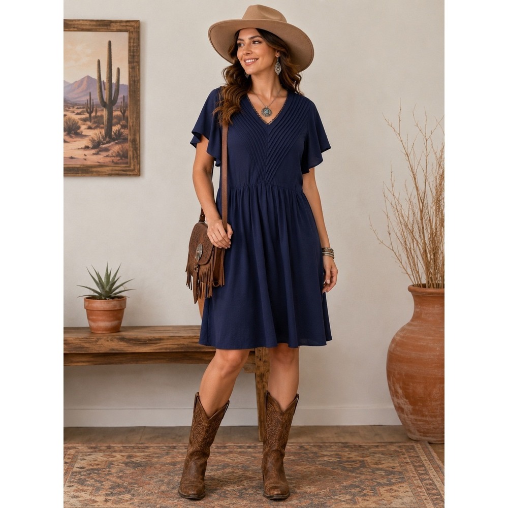 Keluumani Dress Womens 20 Navy Blue Pintuck Pleated V-Neck Boho Western Midi